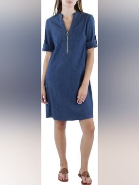 ANNE KLEIN Chambray Denim Shirt Dress with a 1/4 Zip Closure